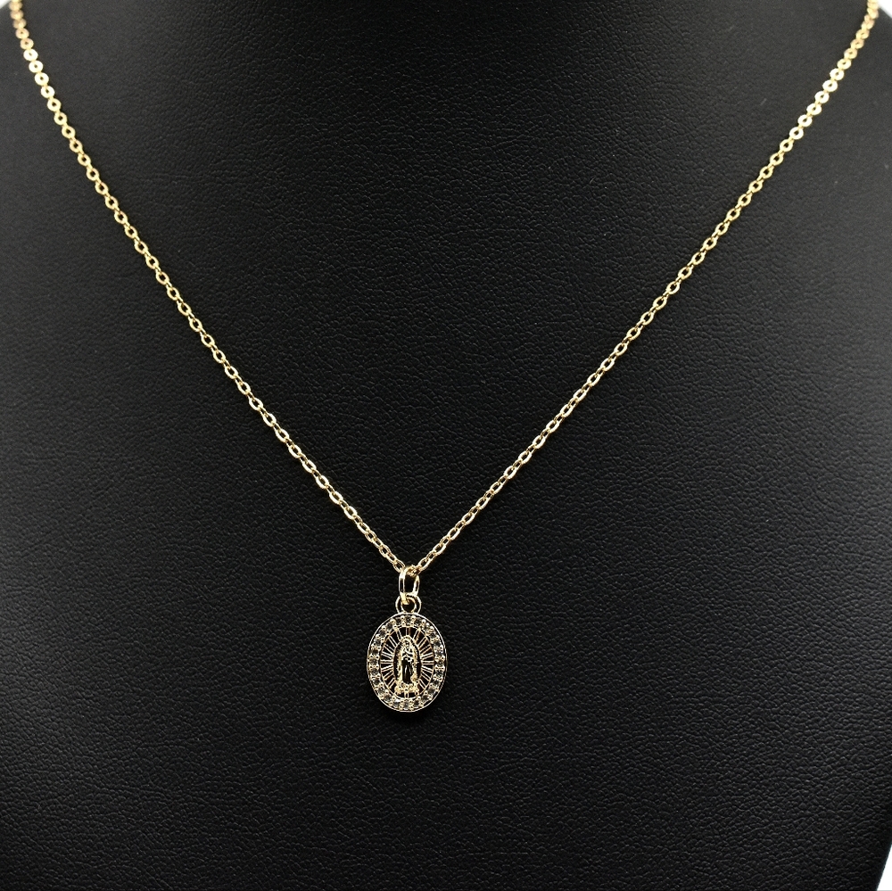 14K Gold Plated Guadalupe Pendant Necklace Virgen Mary Cubic Zirconia - Picture 2 of 9
